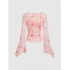 imageVerdusa Womens Bell Long Sleeve Floral Print Mesh Tie Front Lettuce Trim Tee Shirt TopPink