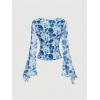 imageVerdusa Womens Bell Long Sleeve Floral Print Mesh Tie Front Lettuce Trim Tee Shirt TopRoyal Blue