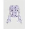 imageVerdusa Womens Bell Long Sleeve Floral Print Mesh Tie Front Lettuce Trim Tee Shirt TopViolet Purple