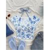 imageVerdusa Womens Contrast Lace Halter Neck Lettuce Trim Casual Crop Tee TopsBlue and White