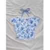imageVerdusa Womens Contrast Lace Halter Neck Lettuce Trim Casual Crop Tee TopsBlue and White