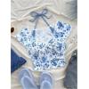 imageVerdusa Womens Contrast Lace Halter Neck Lettuce Trim Casual Crop Tee TopsBlue and White