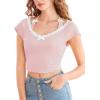 imageVerdusa Womens Contrast Lace Halter Neck Lettuce Trim Casual Crop Tee TopsPink