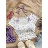 imageVerdusa Womens Contrast Lace Halter Neck Lettuce Trim Casual Crop Tee TopsPurple