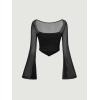 imageVerdusa Womens Contrast Mesh Ruched Square Neck Bell Sleeve Crop Tee Top T ShirtBlack