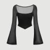 imageVerdusa Womens Contrast Mesh Ruched Square Neck Bell Sleeve Crop Tee Top T ShirtBlack