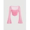 imageVerdusa Womens Contrast Mesh Ruched Square Neck Bell Sleeve Crop Tee Top T ShirtPink