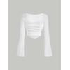 imageVerdusa Womens Contrast Mesh Ruched Square Neck Bell Sleeve Crop Tee Top T ShirtWhite
