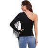 imageVerdusa Womens Fringe Trim One Shoulder Long Sleeve Fitted TopBlack