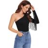 imageVerdusa Womens Fringe Trim One Shoulder Long Sleeve Fitted TopBlack