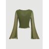 imageVerdusa Womens Knot Front Flare Bell Long Sleeve Lettuce Trim V Neck Mesh Crop Tee TopArmy Green