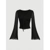 imageVerdusa Womens Knot Front Flare Bell Long Sleeve Lettuce Trim V Neck Mesh Crop Tee TopBlack
