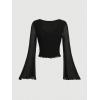 imageVerdusa Womens Knot Front Flare Bell Long Sleeve Lettuce Trim V Neck Mesh Crop Tee TopBlack