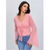 imageVerdusa Womens Knot Front Flare Bell Long Sleeve Lettuce Trim V Neck Mesh Crop Tee TopLight Pink