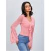 imageVerdusa Womens Knot Front Flare Bell Long Sleeve Lettuce Trim V Neck Mesh Crop Tee TopLight Pink