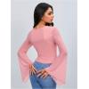 imageVerdusa Womens Knot Front Flare Bell Long Sleeve Lettuce Trim V Neck Mesh Crop Tee TopLight Pink