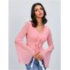 imageVerdusa Womens Knot Front Flare Bell Long Sleeve Lettuce Trim V Neck Mesh Crop Tee TopLight Pink