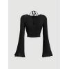 imageVerdusa Womens Long Sleeve Ruched Bust Off Shoulder Tie Back Flounce Sleeve Lettuce Trim Crop Top TeeBlack