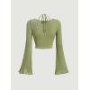 imageVerdusa Womens Long Sleeve Ruched Bust Off Shoulder Tie Back Flounce Sleeve Lettuce Trim Crop Top TeeLime Green