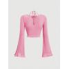 imageVerdusa Womens Long Sleeve Ruched Bust Off Shoulder Tie Back Flounce Sleeve Lettuce Trim Crop Top TeePink