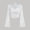 imageVerdusa Womens Long Sleeve Ruched Bust Off Shoulder Tie Back Flounce Sleeve Lettuce Trim Crop Top TeeWhite