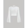 imageVerdusa Womens Long Sleeve Ruched Bust Off Shoulder Tie Back Flounce Sleeve Lettuce Trim Crop Top TeeWhite