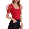 imageVerdusa Womens Sheer Dobby Mesh Puff Sleeve Square Neck TopRed