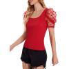imageVerdusa Womens Sheer Dobby Mesh Puff Sleeve Square Neck TopRed