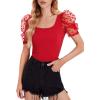 imageVerdusa Womens Sheer Dobby Mesh Puff Sleeve Square Neck TopRed