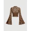imageVerdusa Womens Y2K Long Sleeve Tops Goth Mesh Mock Neck Bell Sleeve Crop TopsBrown
