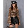 imageVerdusa Womens Y2K Long Sleeve Tops Goth Mesh Mock Neck Bell Sleeve Crop TopsLeopard Brown