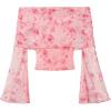 imageVerdusa Womens 70s Off Shoulder Flare Sleeve Ruched Tee Top Floral Print Lettuce Trim Crop Tee ShirtPink
