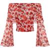 imageVerdusa Womens 70s Off Shoulder Flare Sleeve Ruched Tee Top Floral Print Lettuce Trim Crop Tee ShirtRed