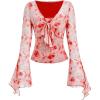 imageVerdusa Womens Bell Long Sleeve Floral Print Mesh Tie Front Lettuce Trim Tee Shirt TopRed