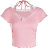 imageVerdusa Womens Contrast Lace Halter Neck Lettuce Trim Casual Crop Tee TopsPink