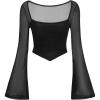 imageVerdusa Womens Contrast Mesh Ruched Square Neck Bell Sleeve Crop Tee Top T ShirtBlack