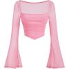 imageVerdusa Womens Contrast Mesh Ruched Square Neck Bell Sleeve Crop Tee Top T ShirtPink