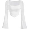 imageVerdusa Womens Contrast Mesh Ruched Square Neck Bell Sleeve Crop Tee Top T ShirtWhite