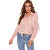 imageVerdusa Womens Fringe Trim Long Sleeve Button Up Blouse Shirt TopPlain Pink