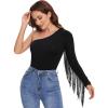 imageVerdusa Womens Fringe Trim One Shoulder Long Sleeve Fitted TopBlack