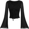 imageVerdusa Womens Knot Front Flare Bell Long Sleeve Lettuce Trim V Neck Mesh Crop Tee TopBlack