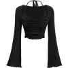 imageVerdusa Womens Long Sleeve Ruched Bust Off Shoulder Tie Back Flounce Sleeve Lettuce Trim Crop Top TeeBlack