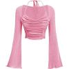 imageVerdusa Womens Long Sleeve Ruched Bust Off Shoulder Tie Back Flounce Sleeve Lettuce Trim Crop Top TeePink