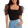 imageVerdusa Womens Sheer Dobby Mesh Puff Sleeve Square Neck TopBlack