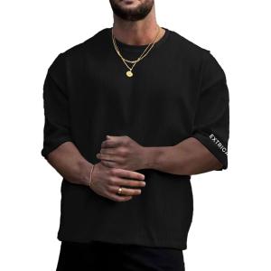 imageVerdusa Mens Casual Oversized Shrit Drop Shoulder Round Neck Cropped Tops Letter Print T ShirtsBlack