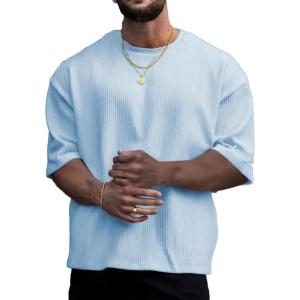 imageVerdusa Mens Casual Oversized Shrit Drop Shoulder Round Neck Cropped Tops Letter Print T ShirtsLight Blue
