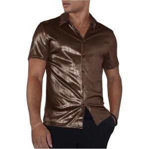 imageVerdusa Mens Metallic Button Down Shirt Short Sleeve Collar Glitter TopBronze
