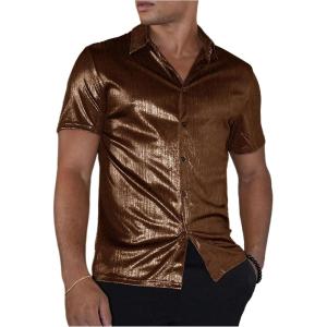 imageVerdusa Mens Metallic Button Down Shirt Short Sleeve Collar Glitter TopBrown