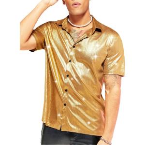 imageVerdusa Mens Metallic Button Down Shirt Short Sleeve Collar Glitter TopGold