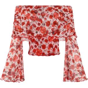 imageVerdusa Womens 70s Off Shoulder Flare Sleeve Ruched Tee Top Floral Print Lettuce Trim Crop Tee ShirtRed